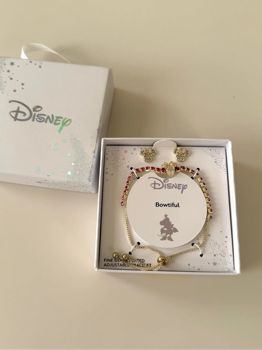 Disney fine silver plated adjustable bracelet Red Crystal accents & Stud Earring